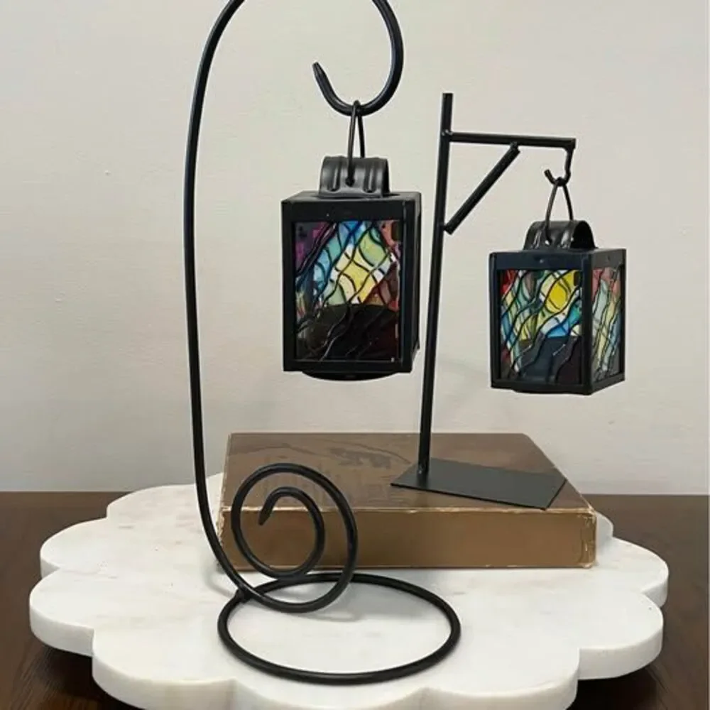 Set of 2 Stained Glass Style Hanging Lanterns with Black Metal Stands